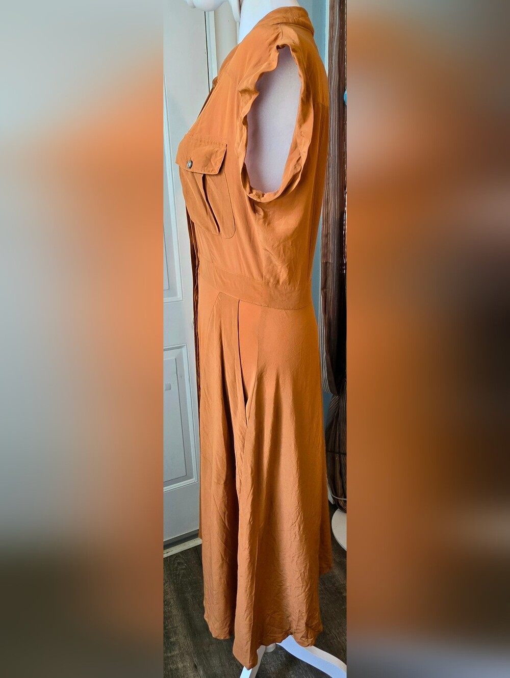 Broadway & Broome 100% Silk Safairi Shirt Midi Dress Women's 4 Terracotta Pocket - Picture 3 of 13